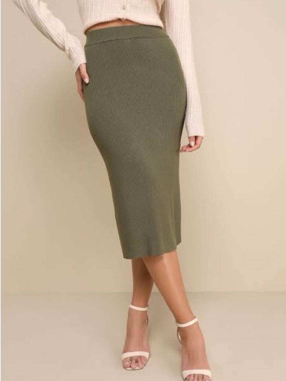 a new day Olive Ribbed Midi Pencil sweater Skirt
